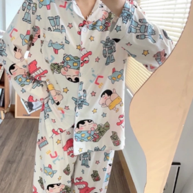 Bộ Pijama nữ tay dài quần dài chất kate thô Bộ Đồ Ngủ Hoạt Hình Dễ Thương Phong Cách Hàn Quốc