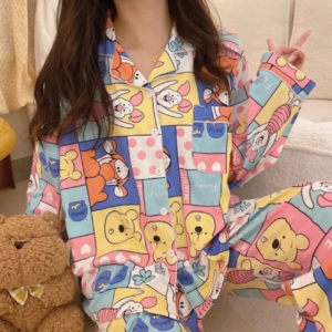 Bộ Pijama nữ tay dài quần dài chất kate thô Bộ Đồ Ngủ Hoạt Hình Dễ Thương Phong Cách Hàn Quốc