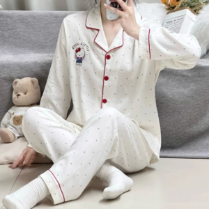 Bộ đồ ngủ Hello Kitty chấm bi, Thiết kế mỏng ,đồ ngủ trắng cao cấp dễ thương, đồ mặc nhà thu đông