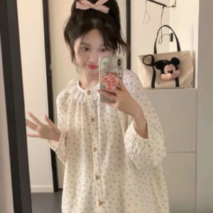 Bộ ngủ dài cổ tròn phối ren họa tiết hoa nhí dễ thương cotton pijama