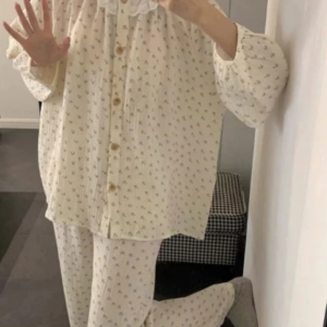 Bộ ngủ dài cổ tròn phối ren họa tiết hoa nhí dễ thương cotton pijama