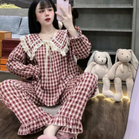 Bộ pyjama tay dài nhung cổ nhọn phối ren siêu hot Size (40-60)kg CHAT