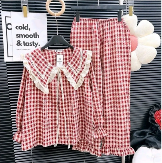 Screenshot 2026-01-14 164917 Bộ pyjama tay dài nhung cổ nhọn phối ren siêu hot Size (40-60)kg CHAT